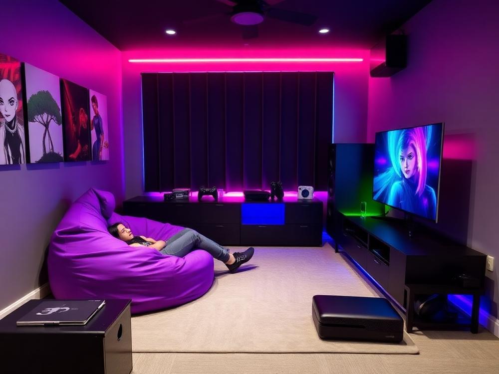 Purple gaming bean chair in a games room