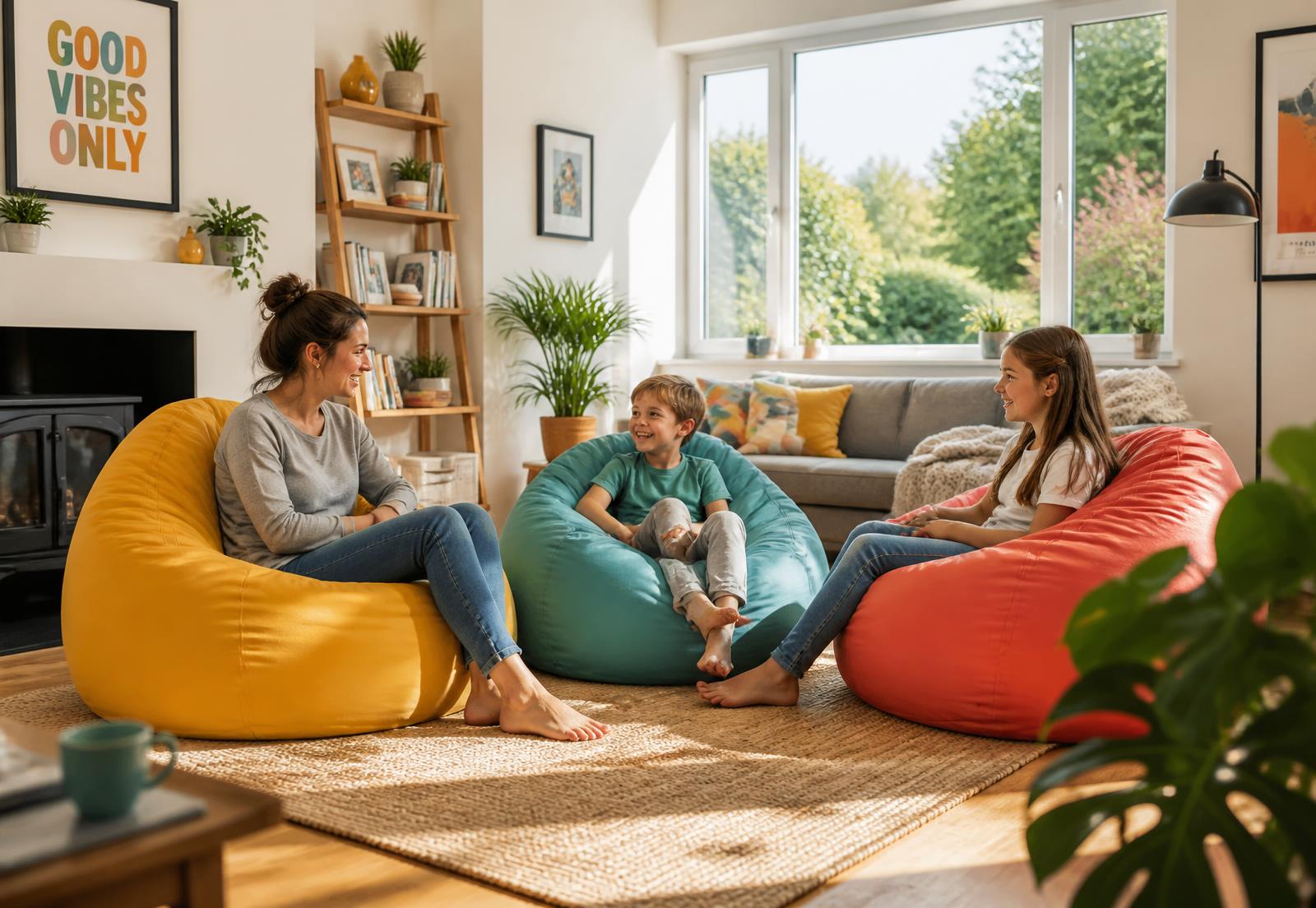Colourful bean chairs in a bright modern UK living room